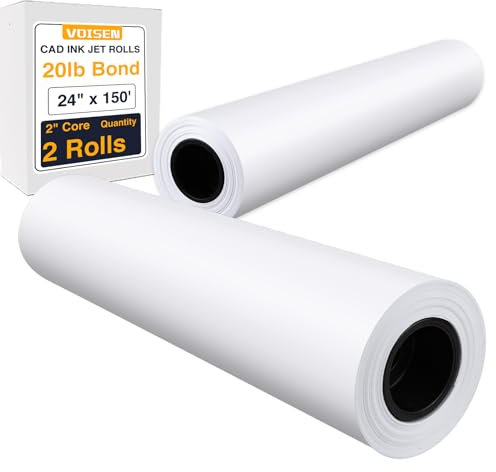 VOISEN Wide Format Plotter Paper, 24 In x 150 Ft, 2 Rolls, CAD Bond, 20lb Bond on 2 Core for CAD Ink Jet Printers
