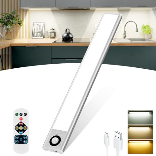 QNUJN Under Cabinet Kitchen Lights, 72 LED Motion Sensor Lights Indoor, 3000mAh Type-C Rechargeable, 3 Color Temperature Dimmable, 30cm Night Light with Remote for Cupboard, Closet, Stairs, 1 Pack