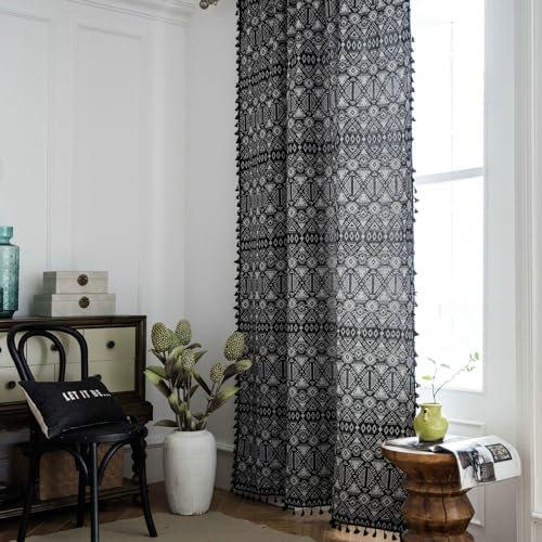 Bishilin Gardinen Polyester Schwarz 2er Set, Vorhänge Lichtdurchlässig Stangendurchzug Boho Jacquard mit Geometrie Motiv 150x180CM Vorhänge Halbtransparent Küche Wohnzimmer