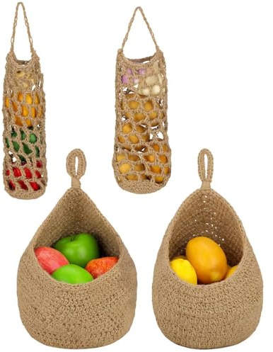 4 cestas colgantes de frutas para cocina, estilo bohemio, de yute, cestas de pared, tejidas a mano, cestas de almacenamiento de frutas y verduras, cuerda de yute, soporte decorativo para colgar