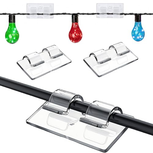Fenxyo Outdoor Lights Hooks Adhesive with Upgraded Sticky Pad, Storage Box, 40pcs Strong Waterproof Self Adhesion Cable Clips for Outdoors String Lights Desk Wall Workshop Home Office
