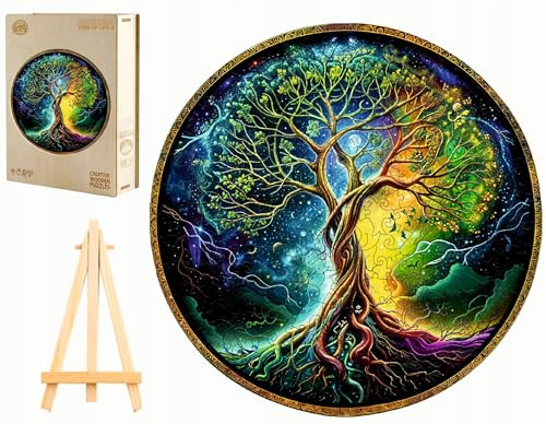 PASJO - Puzzle in legno per adulti con albero della vita, 280 pezzi, 34 x 34 cm, idea regalo per bambini, albero della vita, pezzi di puzzle in legno a forma di animale
