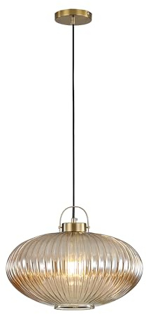 Hnexsei Pendelleuchten, goldene Lampenfassung mit gestreiftem Glaslampenschirm, Hängelampe, Kronleuchter, Deckenleuchte für Küche, Wohnzimmer, Schlafzimmer (Bernstein, L)