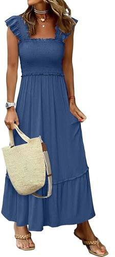 ANRABESS Womens Summer Sleeveless Maxi Dress Square Neck Smocked Boho Casual Ruffle Strap Flowy A-Line Long Beach Sundress Blue Small
