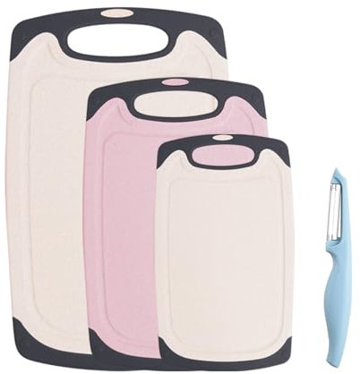 Lavish Chopping Board Set, BPA Free Plastic Kitchen Cutting Boards with Non-Slip Feet and Deep Drip Juice Groove, Set of 3, with Peeler, Mixed Colours