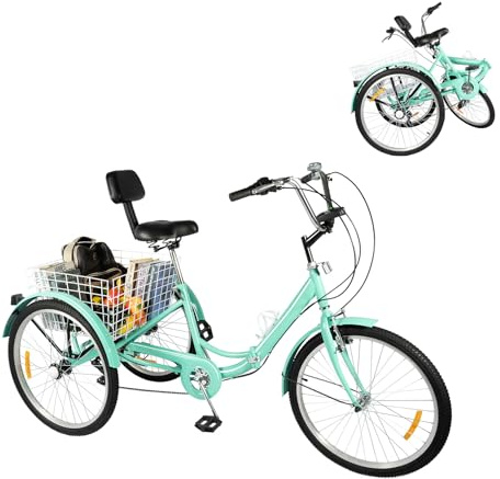 ACROSSPART 24 Zoll Dreirad für Erwachsene 7 Gang Klappbar Dreirad Fahrrad Dreiräder mit Korb und LED Lampe Dreirad Fahrrad für Outdoor Sports und Shopping (Türkis)