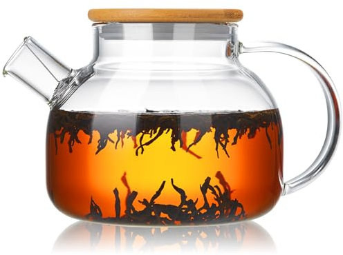 MESNEY Tetera de vidrio para estufa de 1000 ml, tetera de borosilicato resistente al calor con infusor, tapa de bambú y anillo de silicona para té suelto, infusión fría y té floreciente