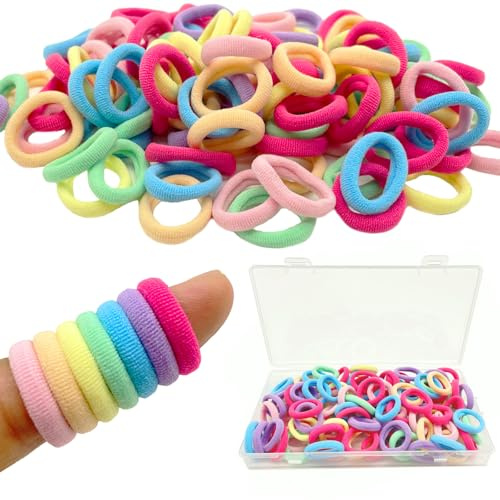 LLYJOYE 100 Small Baby Hair Bands, Colorful Mini Hair Bobbles for Kids Girls, Seamless Elastic Hair Ties, with Storage Box