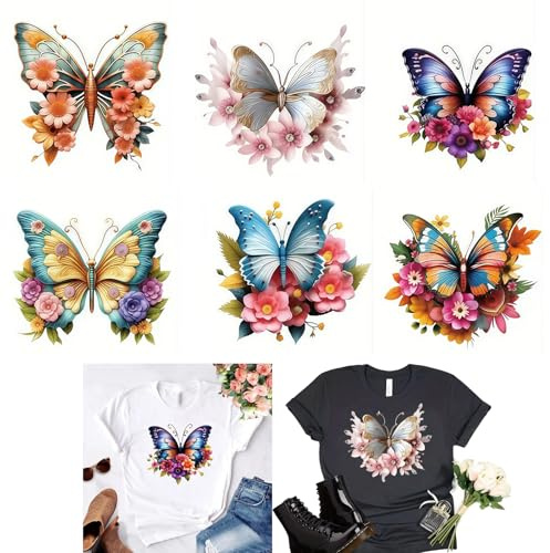 6pcs Beautiful Butterfly Flower Leaf Iron On Transfers for T-Shirts Rub on Transfers Stickers Vinyl Ready to Press Stickers Iron on Decals for T-Shirts Clothing Hoodie DIY Crafts