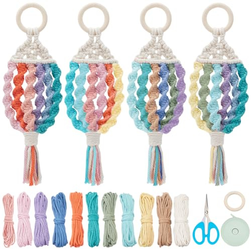 PLIGREAT 4 Set DIY Regenbogen Fisch Makramee Kit Bunte Makramee Knoten Ornament Kit für Schlafzimmer Wohnzimmer Kinderzimmer Wandbehang Dekor Handarbeit Handwerk für Anfänger