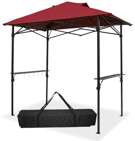 INTER HUT Outdoor Pop up Barbeque Grill Gazebo 8x5 with Carry Bag, Portable BBQ Canopy Tent with Handy Wired Shelf, Red