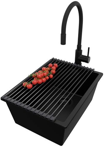 PRIMAGRAN Lavandino da Cucina al Mobile 40cm + Rubinetto, 36x47cm | Set: Rubinetto BW6020 + Kit di scarico + Scolapasta avvolgibile + Lavello in Granito a 1 Vasca - London Slim, Tutto Nero