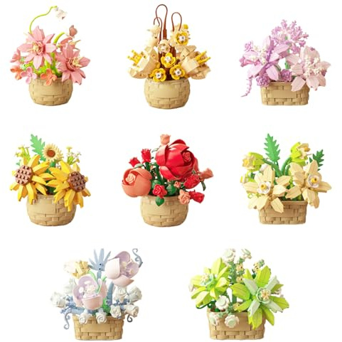 Aningde 8 Flowers 1360Pcs Botanical Flower Micro Building Bricks Model Kit for Adults – Roses Design for Home Decor – Ages 14+