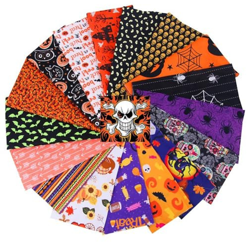 Halloween Patchwork Stoffe Baumwolle 17 Stück/set 25 x 25 cm Baumwollstoffbündel Spinne Kürbis Fledermaus Schädel Spinnennetz Fat Quarters zum Nähen Halloween Stoff Quilten Stoffreste Baumwolltuch