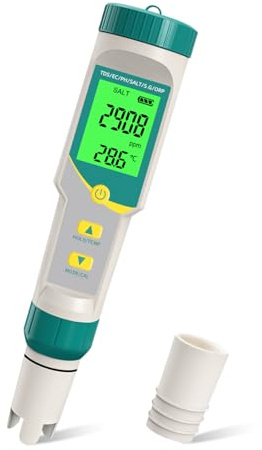 GISNPA Salzgehalt pH Pool Messgerät, 7 in 1 Salzgehalt Pool Messen für Salzwass Pool, pH Chlor Messgerät pool Wassertester TDS ORP Messgerät für Salzwasser Chlor Pool, Aquarium, Whirlpool