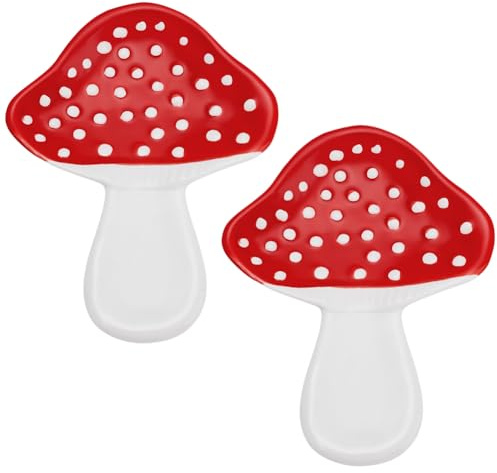 PLIGREAT 2 Pcs Mushroom Spoon Rests Ceramic Utensil Spoon Holder for Stove Top Counter Porcelain Cooking Rest for Spatula Ladle Kitchen Counter Decor, Red