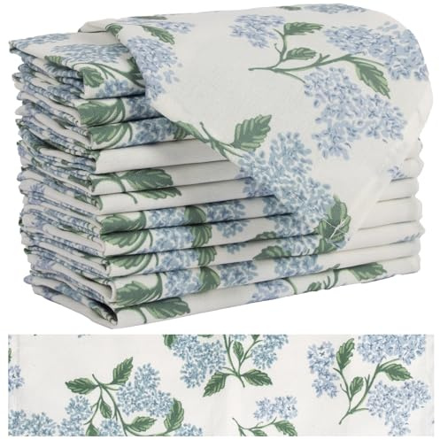 Sage Green Hydrangea Cloth Napkins Set of 12,Blue and White Vintage Floral Dinner Napkins Natural Linen Cotton -Reusable, Premium Hotel Quality Party Napkin Towels for Everyday Use, Weddings