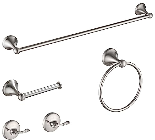 Hoomtaook Porta Asciugamani Bagno 5 Pezzi, Accessori Bagno da Parete, Set di Accessori Acciaio Inossidabile, Portasciugamani da 60cm, Porta Carta Igienica, 2 Ganci per Accappatoio, Nichel Spazzolato