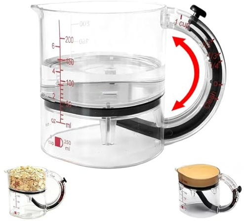 Misurino Regolabile 4 In 1, Misurini Multifunzione Up Cup con Base Regolabile e Base Sigillata, Misurino graduato multiscala in vetro, Barattolo Misurino per la Cottura Cucina