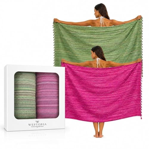WEFLORIA Turkish Peshtemal Towel Set – 2 Pack | Lightweight Quick Dry Cotton Beach & Bath Towels | Soft Multi-Purpose Hammam Towels | Gift Boxed