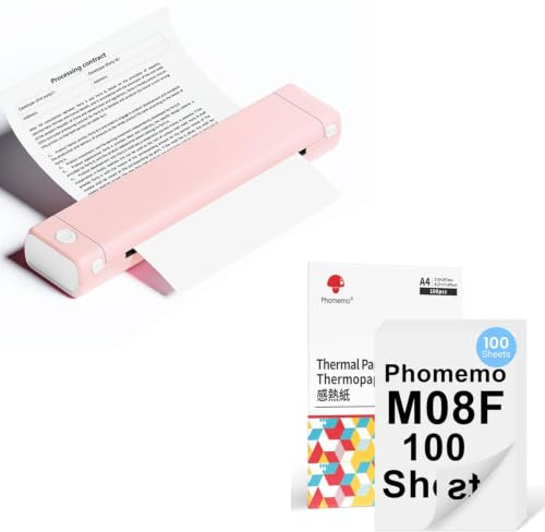 Phomemo M08F Tragbarer Drucker Rosa Weiß mit 100 Blatt Doppelseitigem A4 Thermopapier, kabelloser Bluetooth-Mobildrucker für Reisen, Auto, Büro & Zuhause, Tintenloser Druck