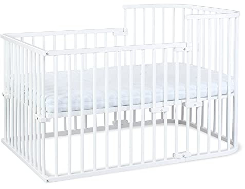 babybay Boxspring Beistellbett aus massivem Buchenholz/kompakt & verwandelbar/Kinderbett Höhe stufenlos verstellbar & umweltfreundlich/mitwachsendes Babybett (weiß lackiert) / Kinderbettset