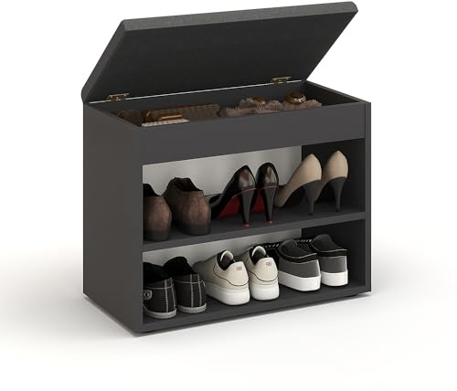 KOMTO Schuhbank mit Sitzfläche - Schuhregal Bank mit Stauraum Schwarz 60 x 48 x 32 cm Kleiner Schuhschrank mit Sitzbank Flur Bank Garderobenbank Sofia
