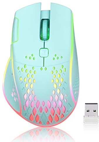VEGCOO Souris de Jeu sans Fil Rechargeable en nid d'abeille avec lumière RVB/récepteur USB/câble USB/DPI réglable, Souris de Jeu Optique pour Ordinateur Portable (C30 Bleu)