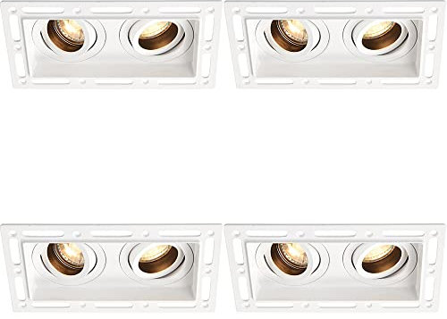 Loops 4 Pack Twin Plaster-in Ceiling Downlight - 2 x 50W GU10 Reflector LED Bulb Required - Trimless Design - Matt White Aluminium Alloy - Dimmable Ceiling Light