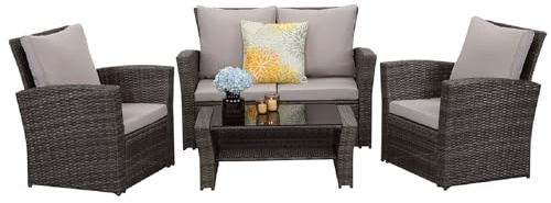 GLP Balkonmöbel Set 4 Personen Polyrattan Gartenmöbel Set Lounge Terrassenmöbel Wetterfest mit 2-Sitzer Sofa Sessel Couchtisch Auflagen Kissen für Garten Balkon Terrasse Outdoor (Grau & Hellgrau)