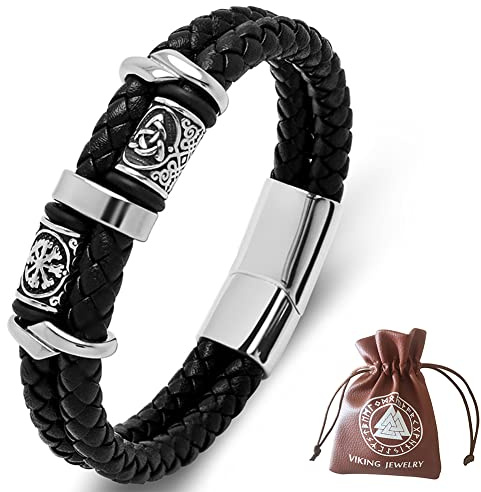 DPGOLDP Wikinger Lederarmband mit Edelstahl Celtic Knot & Vegvisir Runen Perlen Amulett Armbänder für Herren Damen