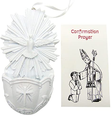 Westmon Works Confirmation Holy Water Font Prayer Set with Polyresin Dove Holy Spirit Stoup for Home or Church with Prayer Card