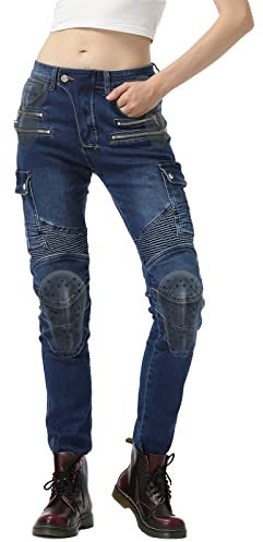 QIYUANT Femme Pantalon de Moto en Jean Anti-déchirure Stretch Casucal Pantalon de Protection avec Amovible Améliorée Protéger Pads pour Racing Vélo (Bleu, L)