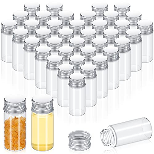 Didaey Lot de 100 mini pots à épices transparents avec couvercles en verre avec bouchons à vis en aluminium pour poudre, crème, cosmétiques, bijoux, mariage (10 ml, bouchons argentés)