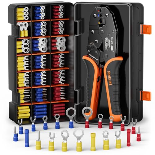 SOMELINE Kit de Crimpadora Terminales Eléctricos, 21 Tipos de Terminales Preaislados, 0,34–6 mm² Crimpadora Autoajustable de Trinquete, para Electricista, Automoción y Bricolaje