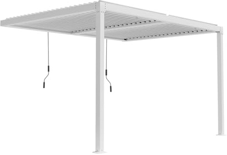BPS 13 x 10 ft. Outdoor Aluminum Wall Mounted Louvered Pergola Waterproof Gazebo Sun Shade Shelter with 2 Adjustable Rainproof Panels for Patio, Garden, Backyard Lawn & Garden - White
