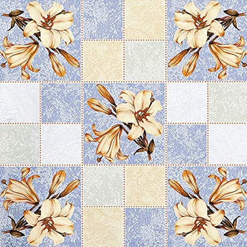 Wachstuch Tischdecke rund 140cm Durchmesser, Wachstischdecke abwaschbar, Wachstuchtischdecke wasserabweisend (Lilie blau Creme 118c)