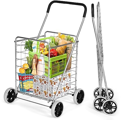 IRONMAX Grocery Shopping Cart, Foldable Heavy Duty Utility Cart w/Large Wheels for Easy Installation and Removal, Lightweight Trolley Cart for Grocery Laundry Luggage (Sliver)
