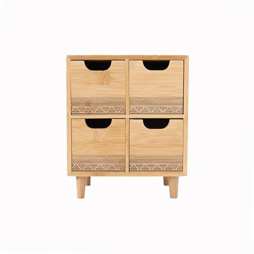 LIN HOME Mini Cajonera de Madera y Bambú con 4 Cajones para Pequeños Accesorios, 18x11x23cm - Mini Organizador para Escritorio Multiuso