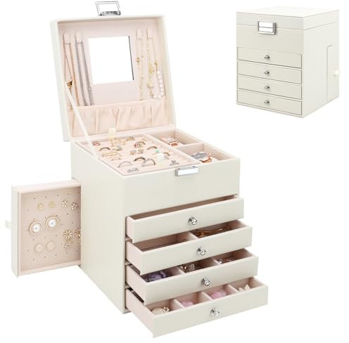 Casiwaft Scatola Portagioie a 5 livelli, Grande Porta Gioielli in Pelle PU con 6 Cassetti, Grande Organizzatore di Gioielli per Anelli Orecchini Bracciali Collane, Beige