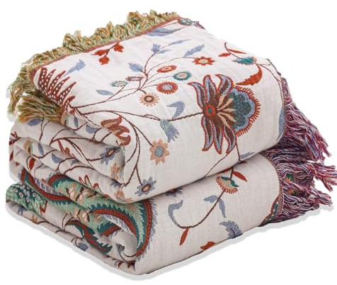 Wotcsil Plaid Canapé en Coton Vert Beige Floral Couverture Jeté Canapé Boho Réversible Couvre Lit Fauteuil Dessus Grande Taille Bohème, 150x200cm