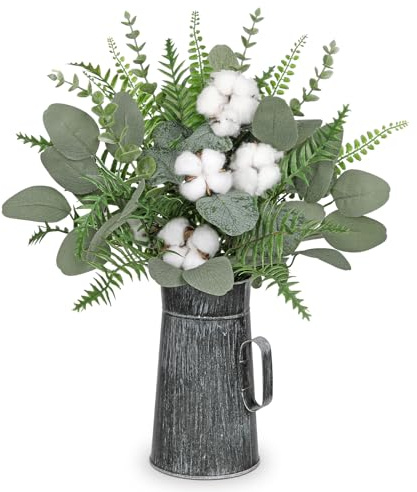 Briful Künstliche Eukalyptus & Farn Deko mit Lavendel – Kunstpflanze in Vintage Metallvase, 45 cm Hoch, Rustikale Tischdeko für Wohnzimmer, Küche, Büro & Bad