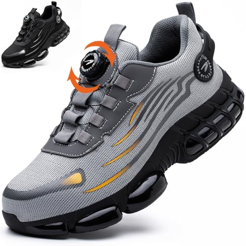 OBIDER Chaussures de sécurité pour homme et femme - Confortables et légères - Lacets à boucle pivotante - Antidérapants - Avec coussin d'air, gris, 45 EU