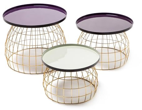 Qiyano Beistelltisch 3er Tisch-Set Trio Metall Eisen Gitter-Korb Gold modern verspielt vielseitig Wohnzimmer Esszimmer Lounge Vorraum Höhen: 26 cm / 32 cm / 42 cm Farbe: Lila/Pflaume/Hellgrau
