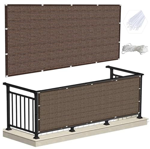 Balkon Sichtschutz Balkonabdeckung 3.2 x 3.8 m Blickdichte Windschutz Privatsphäre Balkonverkleidung Sichtschutz Meterware mit Kabelbinder Ohne Bohren für Balkon Garten im Freien, Braun