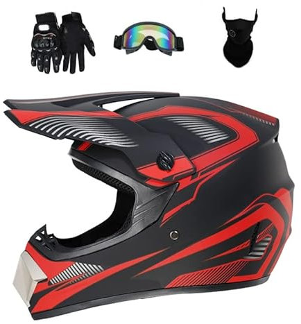 HaTur Motocross Helm Motorrad Helm DOT Downhill Fullface Helm Unisex Jugend Renn Motocross Fahrradhelm Off Road Dirt Bike Helm mit Handschuhen Brille Maske (Rot, L)