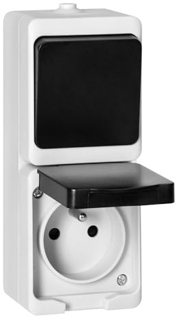 Miratic Enchufe Pared IP54 - Enchufe Superficie Blanco y Negro - Enchufe Francés Tipo E 2P+T Alta Resistencia y Seguridad (Enchufe con interruptor)