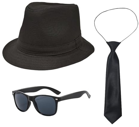 UILYNIU 3 Pezzi Costume da Gangster Uomo Adulto, Accessori 20s per Costume Uomo Cappello Panama Cravatta Occhiali da Sole, Adulto Costume in Maschera da Boss Gangster Cappello Fancy Dress.
