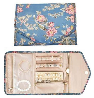 TUKEVA Pochette Rouleaux Bijoux Pliable Organisateur Rouleau rangement pour bijoux pliable et portable Plusieurs Compartiments pour organiseur boucles d'oreilles colliers bagues bracelets (Floral, L)