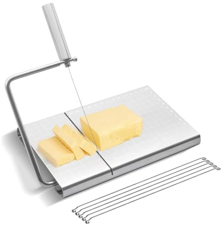 Malataqin Stainless Steel Cheese Slicer, Multipurpose Cheese Cutter and Cutting Board with 5 Replacement Wires, Tightness Adjustable Cheese Slicer for Block Cheese, Butter
